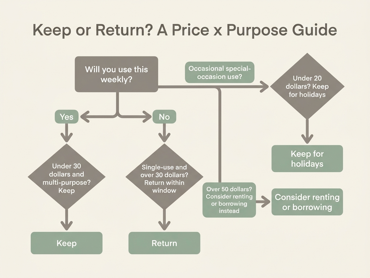 Decision flowchart titled Keep or Return, A Price x Purpose Guide, starting with will you use this weekly, branching to under 30 dollars and multi-purpose keep, or single-use and over 30 dollars return within window, with a second branch for occasional special-occasion use leading to under 20 dollars keep for holidays or over 50 dollars consider renting or borrowing instead