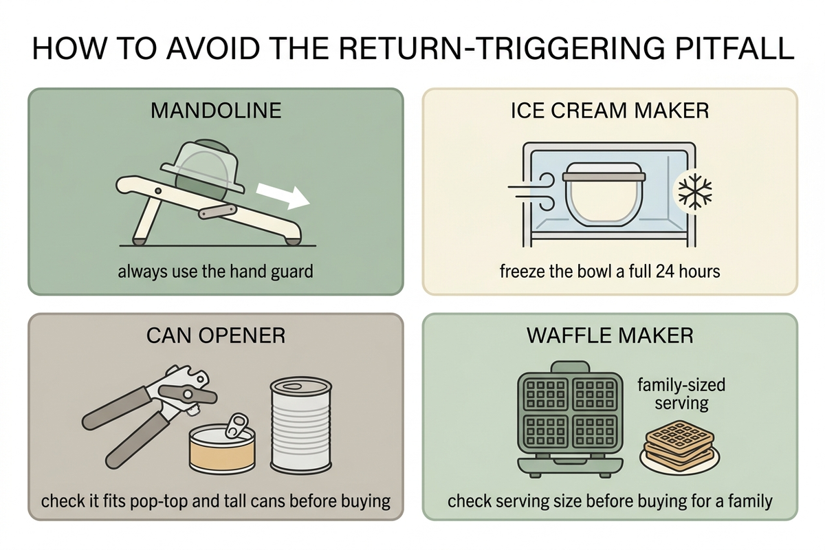 How-to guide showing four return-prevention tips: always use the mandoline hand guard, freeze the ice cream maker bowl a full 24 hours, check the can opener fits pop-top and tall cans before buying, and check waffle maker serving size before buying for a family