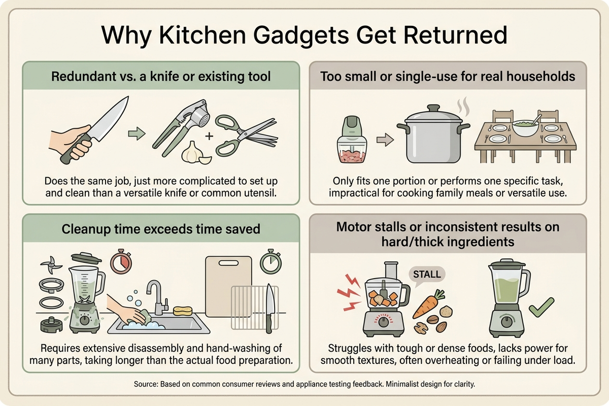 Infographic showing four reasons kitchen gadgets get returned: redundant versus a knife or existing tool, too small or single-use for real households, cleanup time exceeds time saved, and motor stalls or inconsistent results on hard or thick ingredients