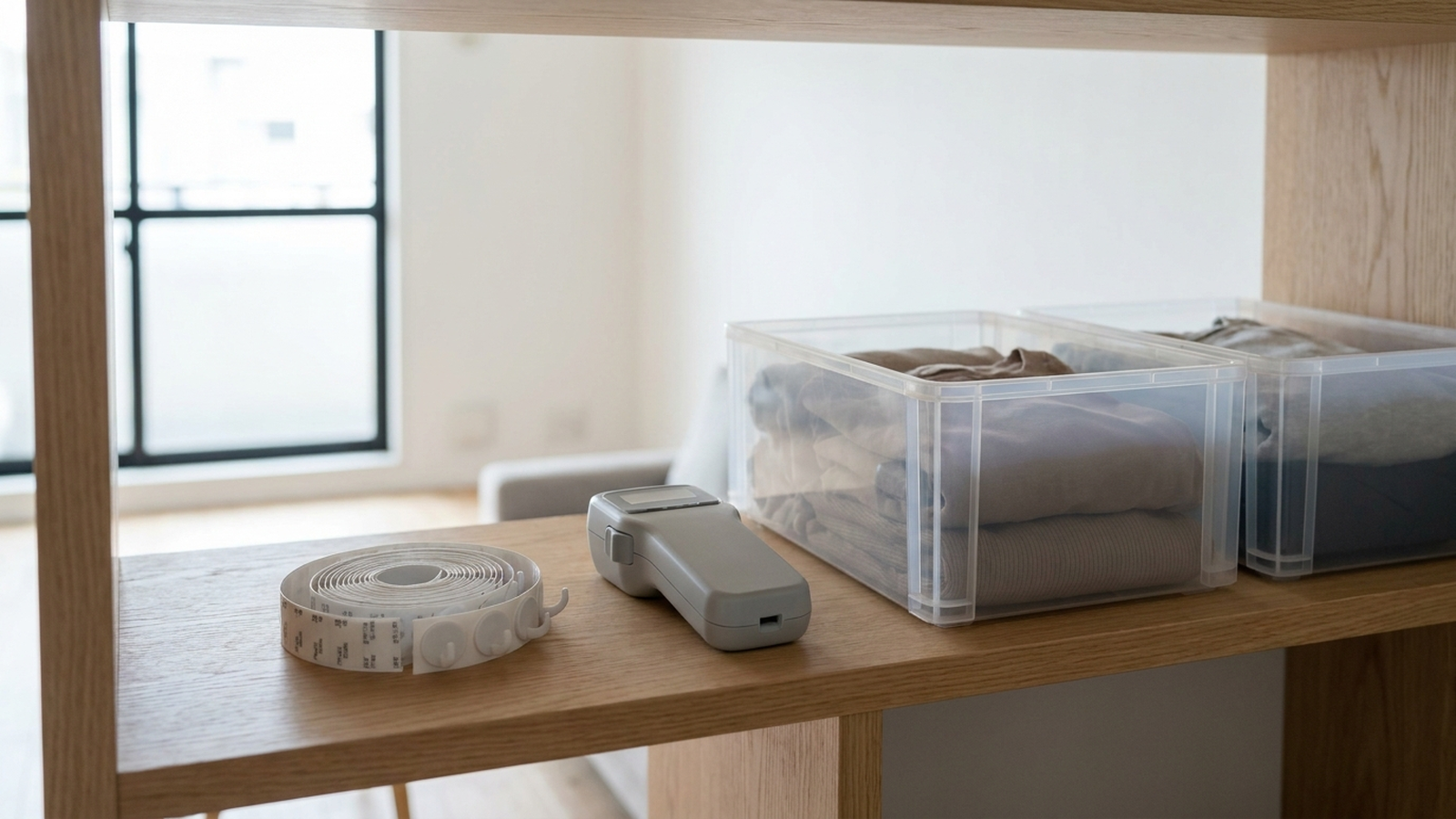 A thermal label maker and a roll of 3M Command strips on a wooden shelf next to clear storage bins, in a bright rental apartment