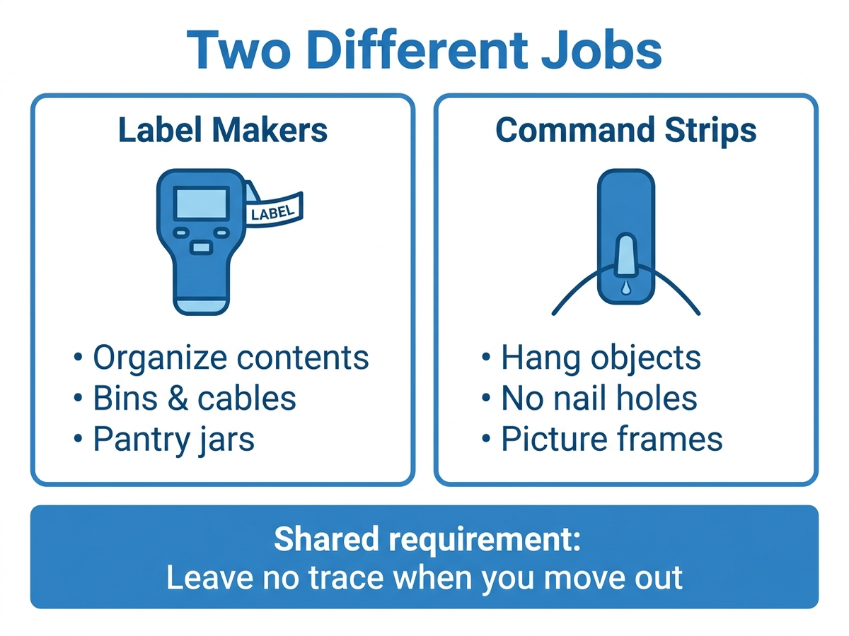 Label makers organize contents while Command strips hang objects, both sharing the no-trace-on-move-out requirement