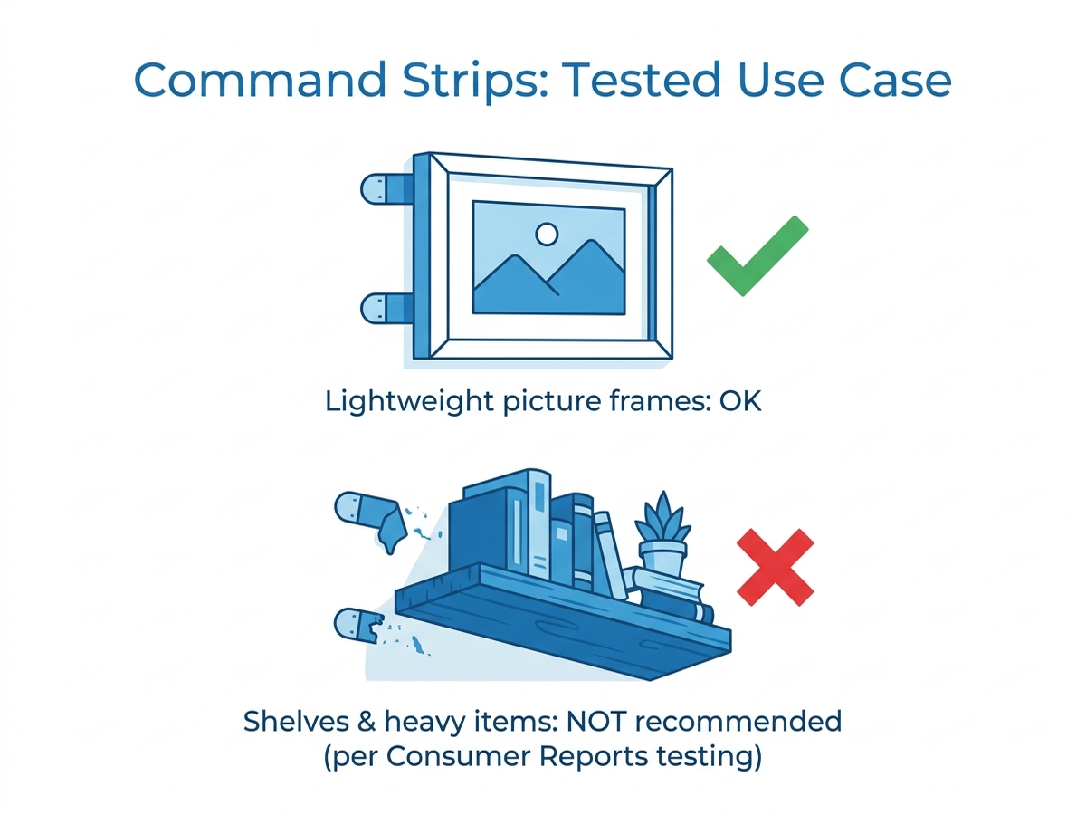 Consumer Reports testing supports Command strips for lightweight picture frames but not shelves or heavy items