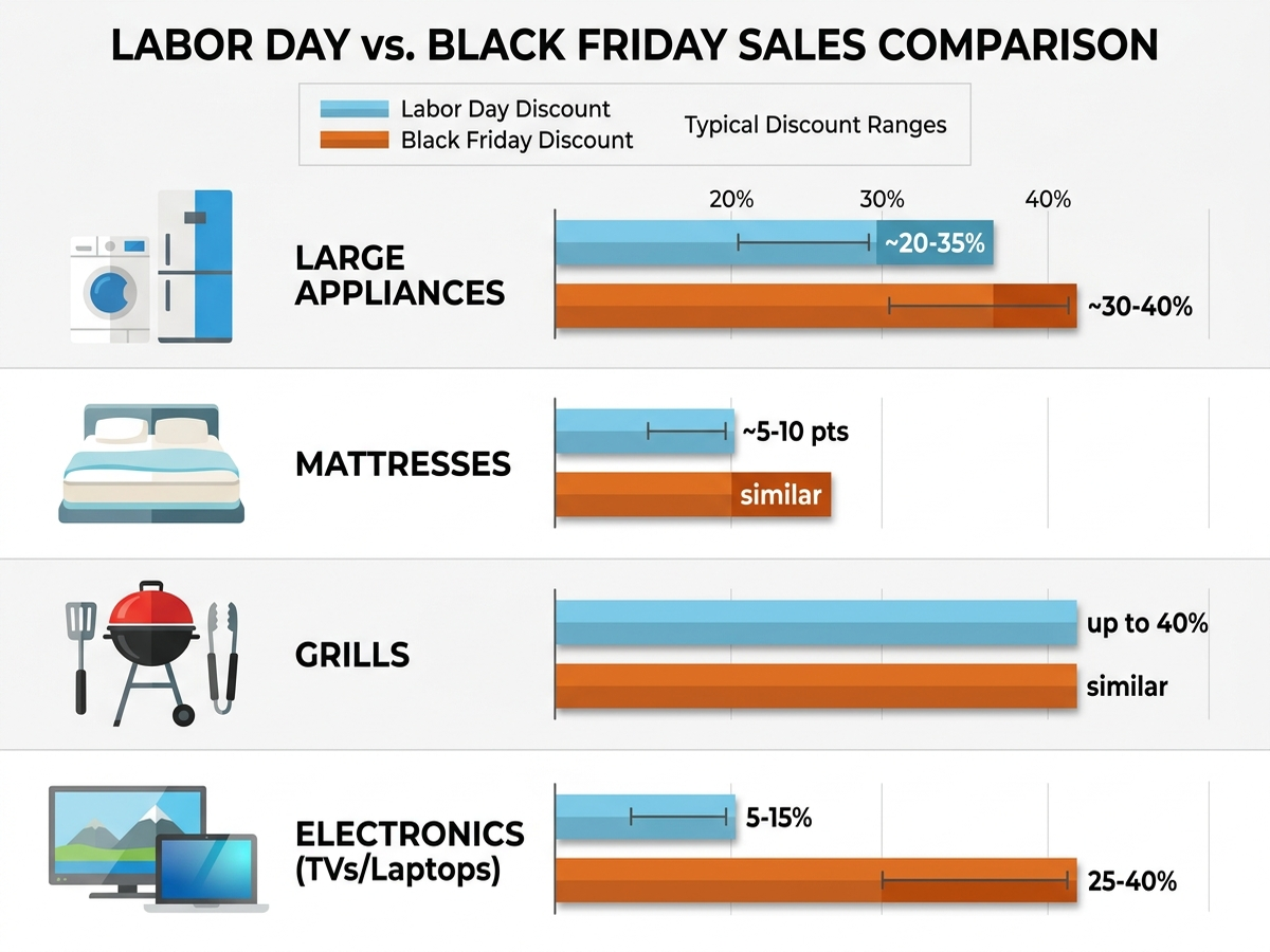 Flat-design infographic comparing four product categories — large appliances, mattresses, grills, and electronics — each with a bar showing typical Labor Day discount percentage versus typical Black Friday discount percentage