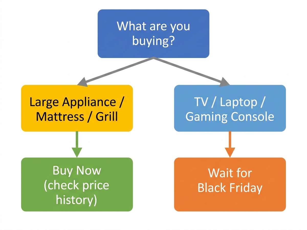 Flat-design decision-tree flowchart asking whether a product is a large appliance, mattress, or grill (buy now after checking price history) versus a TV, laptop, or gaming console (wait for Black Friday)