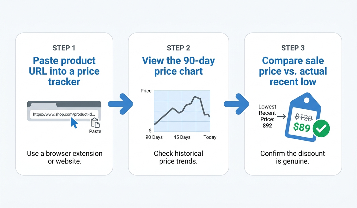 Flat-design step-by-step diagram showing how to check a product's price history: paste the Amazon URL into a price tracker, view the 90-day chart, and compare the "sale" price to the actual recent low