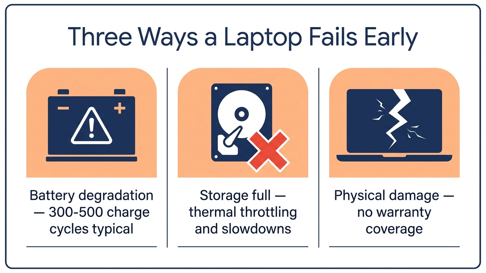 Infographic showing three ways a laptop fails early: battery degradation from charge cycles, storage running full causing thermal throttling and slowdowns, and physical damage with no warranty coverage