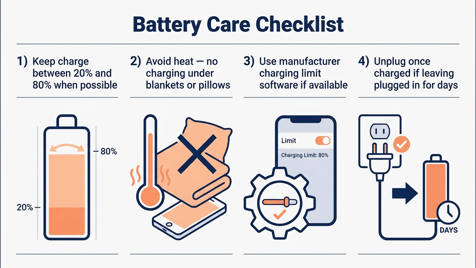 Battery care checklist infographic: keep charge between 20 and 80 percent, avoid charging under blankets or pillows, use manufacturer charge-limit software, and unplug once charged if leaving the laptop plugged in for days