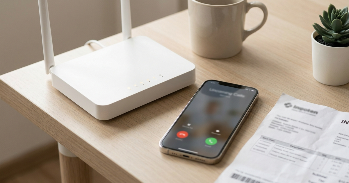 A white WiFi router and a smartphone showing an incoming call sit on a wooden desk next to a blurred paper utility bill, no people visible
