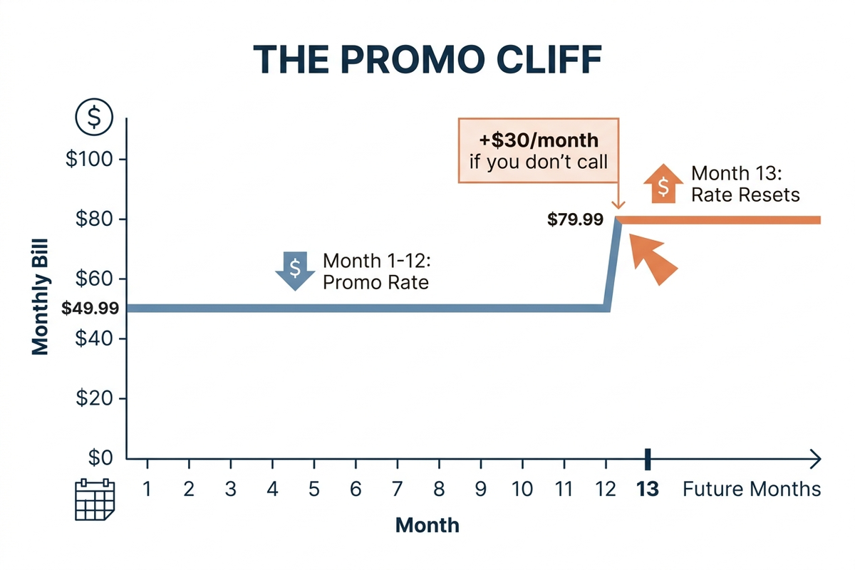Line chart showing a monthly internet bill flat at $49.99 for months 1 through 12, then jumping to $79.99 at month 13, labeled the promo cliff