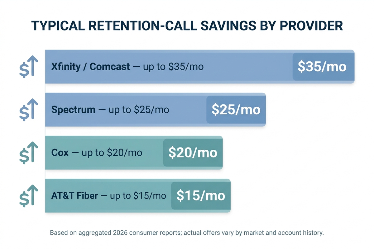 Horizontal bar chart showing typical retention-call savings by provider: Xfinity up to $35 per month, Spectrum up to $25, Cox up to $20, AT&T Fiber up to $15