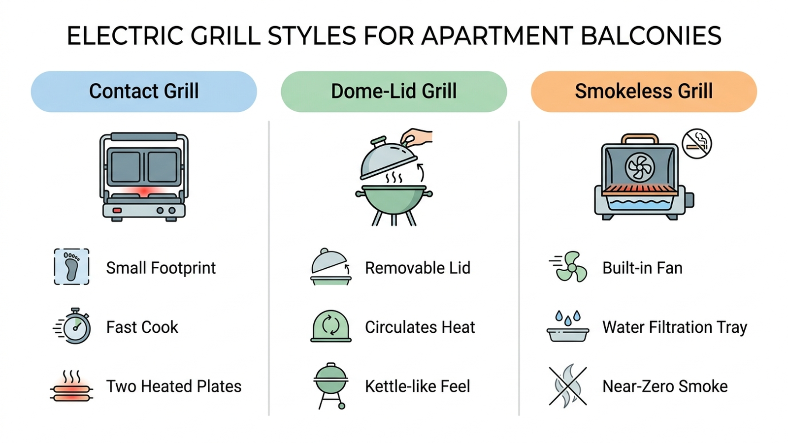 Infographic comparing three electric grill styles for apartment balconies — contact grill, dome-lid indoor/outdoor grill, and smokeless grill — by smoke output, footprint, and wattage