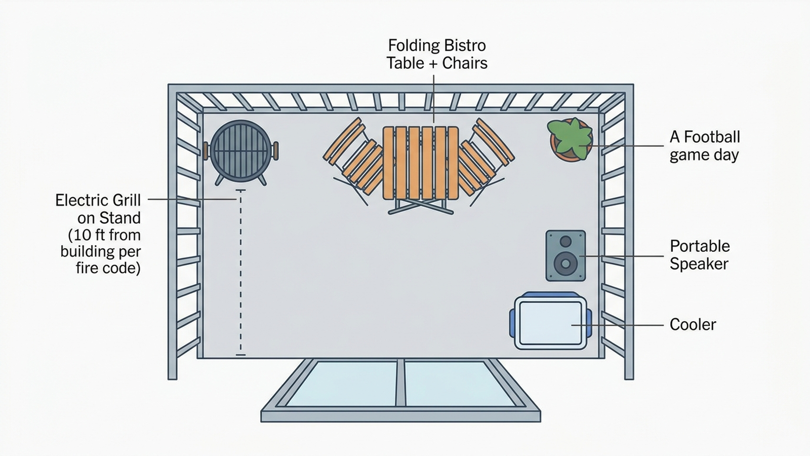 How-to diagram showing a small apartment balcony layout with a folding bistro table, electric grill on its stand, portable speaker, and compact cooler positioned for game day