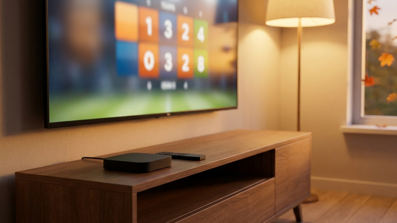A streaming device and remote sit on a media console beneath a wall-mounted TV showing a generic sports scoreboard graphic, in a bright, minimal living room.