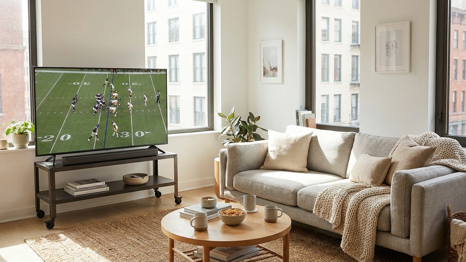 A cozy apartment living room set up for watching football, with a TV on a rolling stand and a low-profile soundbar, no people visible