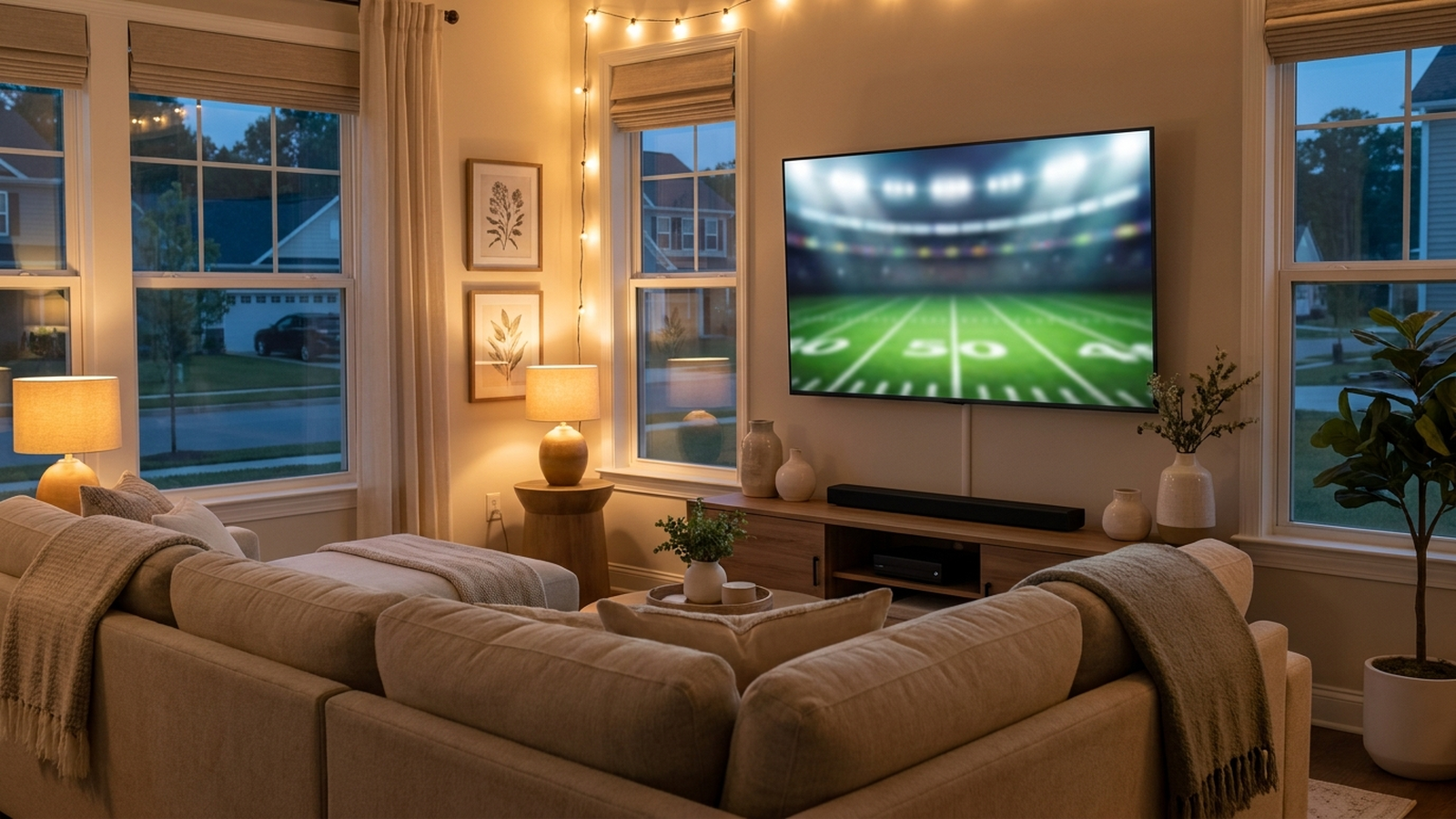 A cozy living room at dusk with a wall-mounted TV and a slim soundbar on the media console below it