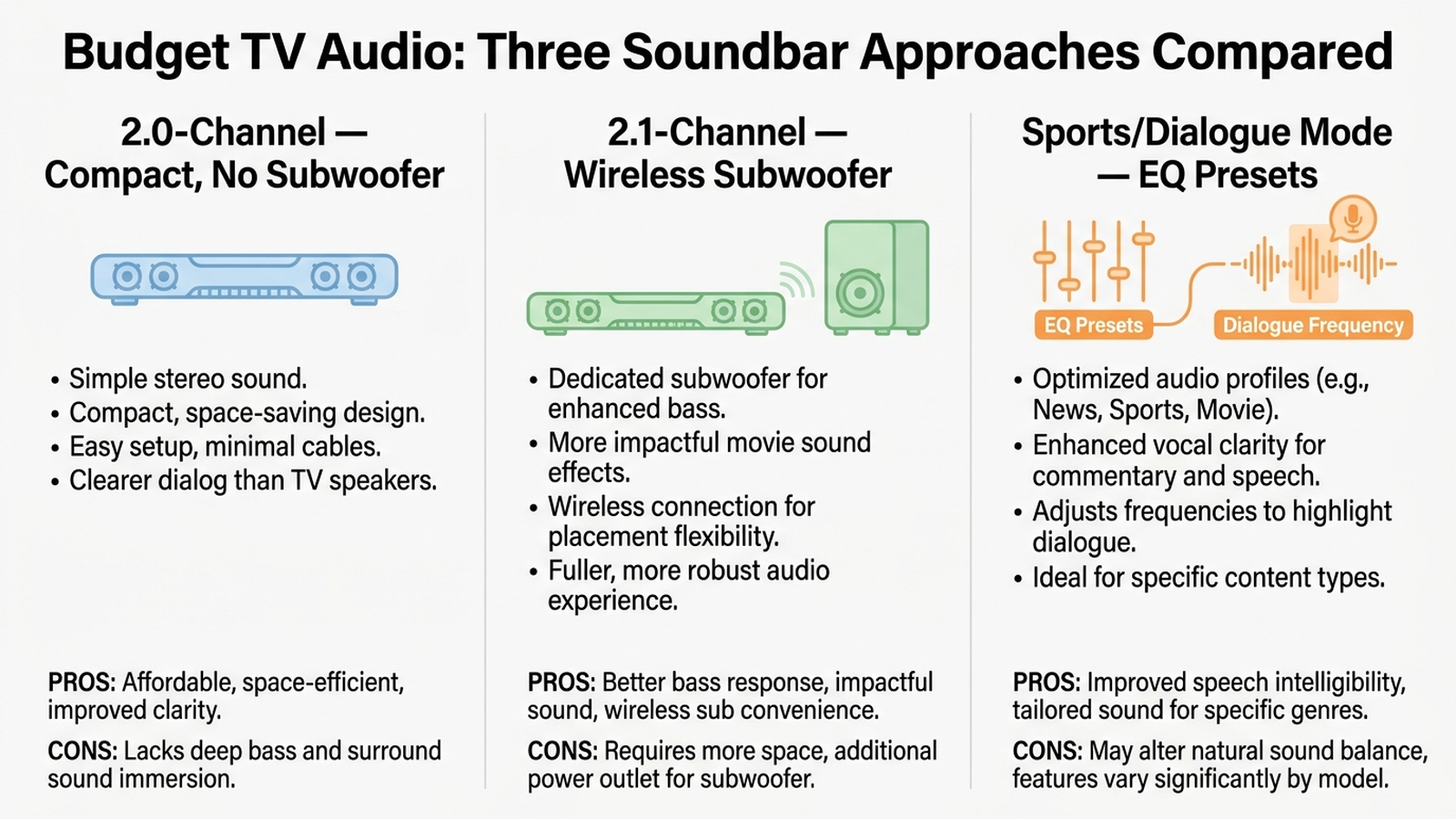 Infographic comparing three budget soundbar approaches: 2.0-channel with no subwoofer, 2.1-channel with a wireless subwoofer, and a sports/dialogue EQ mode approach