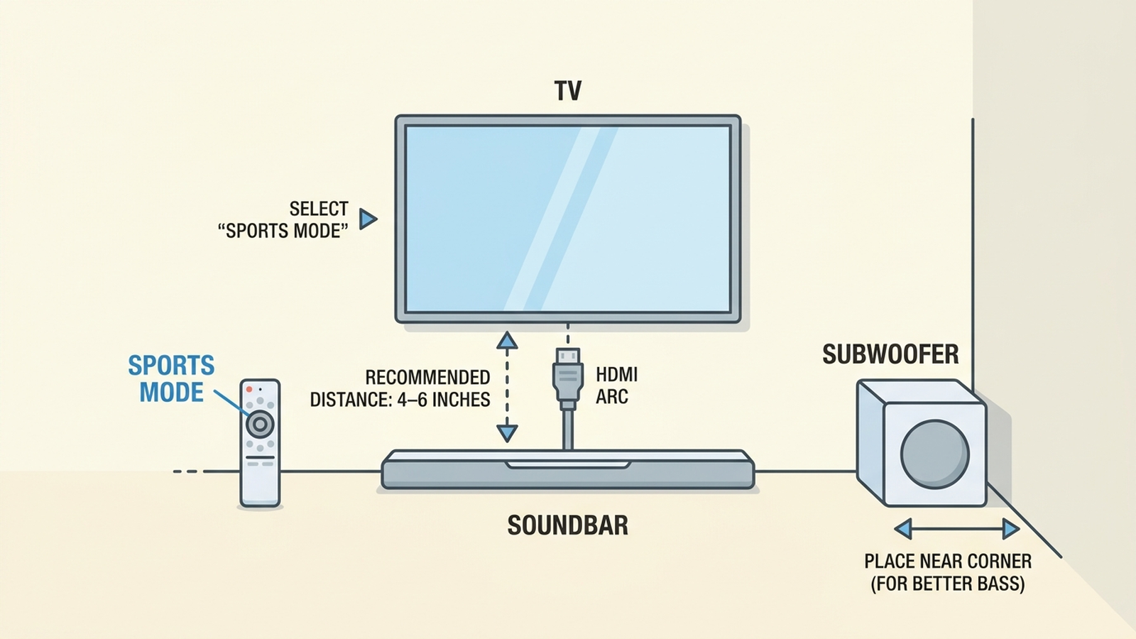 Diagram showing recommended soundbar placement below the TV, an HDMI ARC cable connection, sports mode selection on a remote, and subwoofer placement near a wall corner