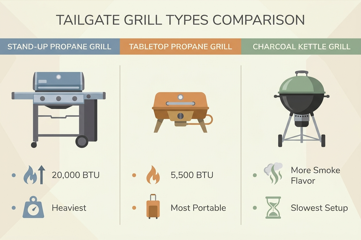 Infographic comparing stand-up propane grills, tabletop propane grills, and charcoal kettle grills for tailgating, with weight and setup time compared