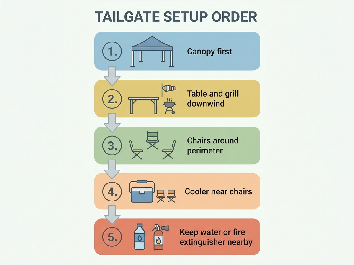 Step-by-step diagram showing tailgate setup order: canopy first, then table, grill, chairs, and cooler