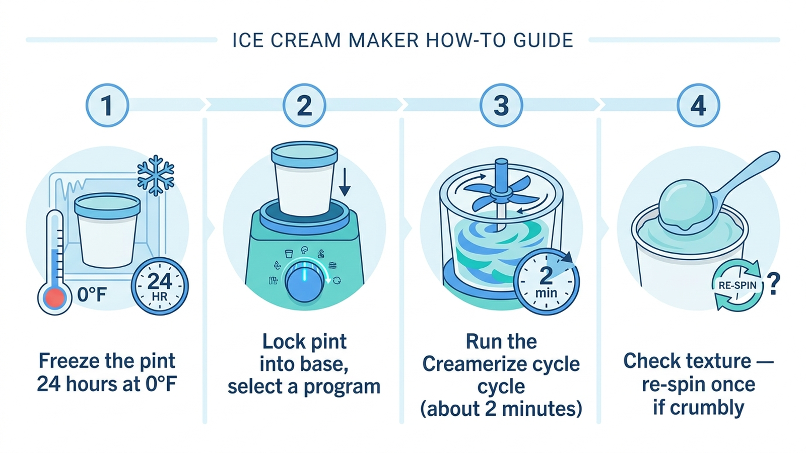 Four-step how-to infographic: freeze the pint 24 hours at 0°F, lock the pint into the base and select a program, run the Creamerize cycle for about two minutes, then check texture and re-spin once if crumbly