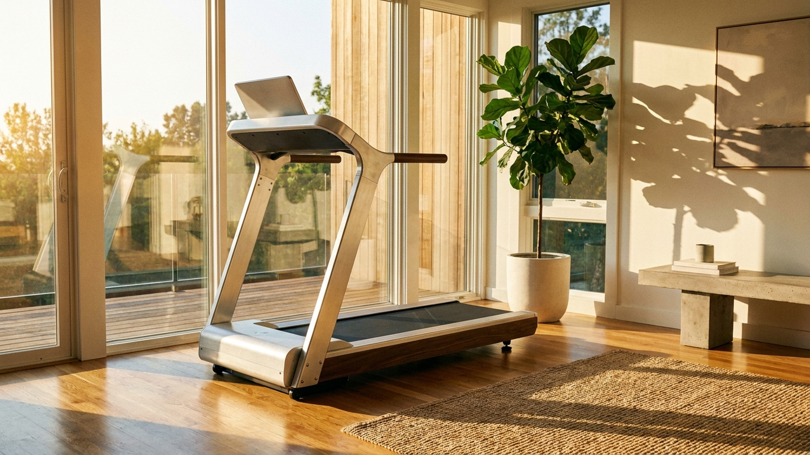 A sleek home treadmill in a bright living room fitness corner with large windows and morning light, no people, no text