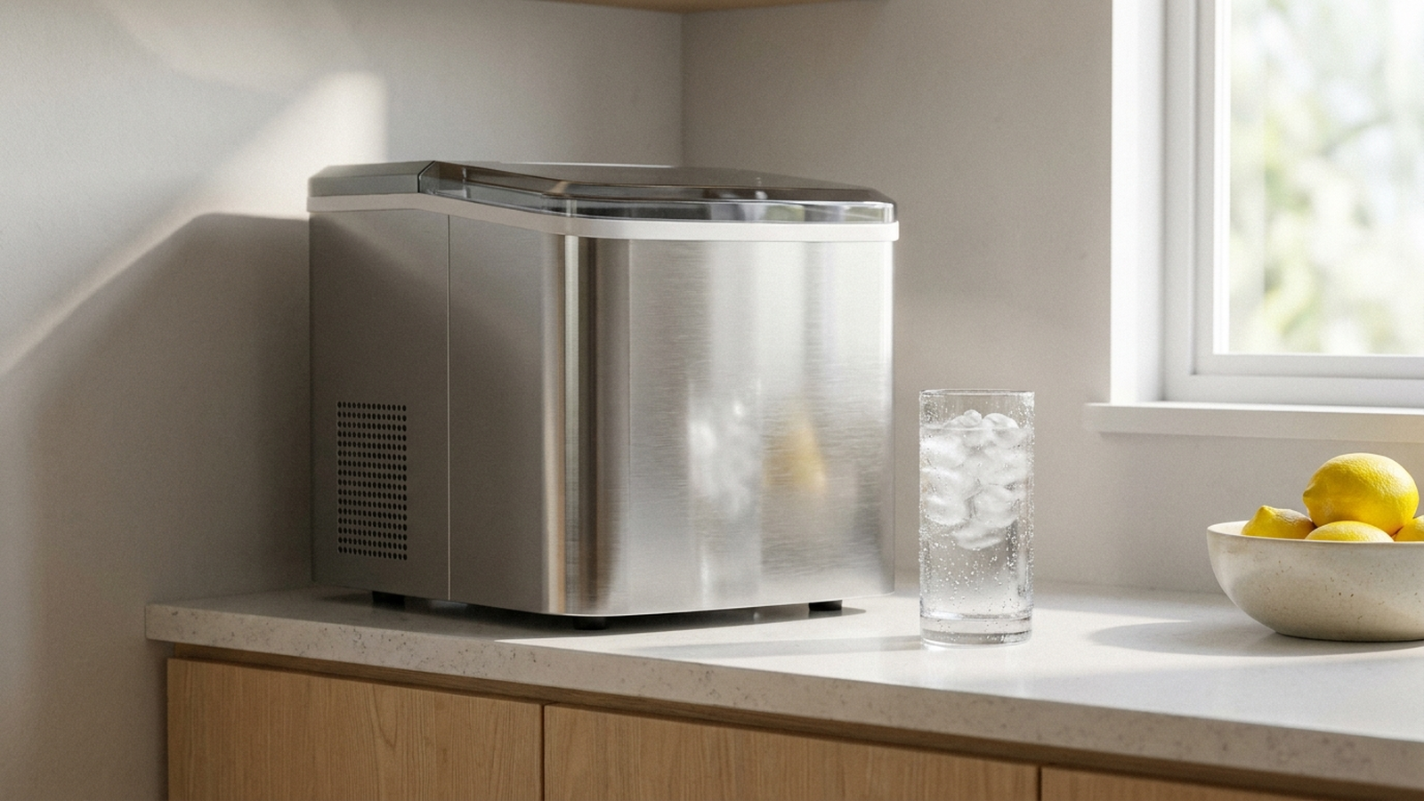 A countertop nugget ice maker sitting on a kitchen counter next to a glass of ice water, no faces, no text