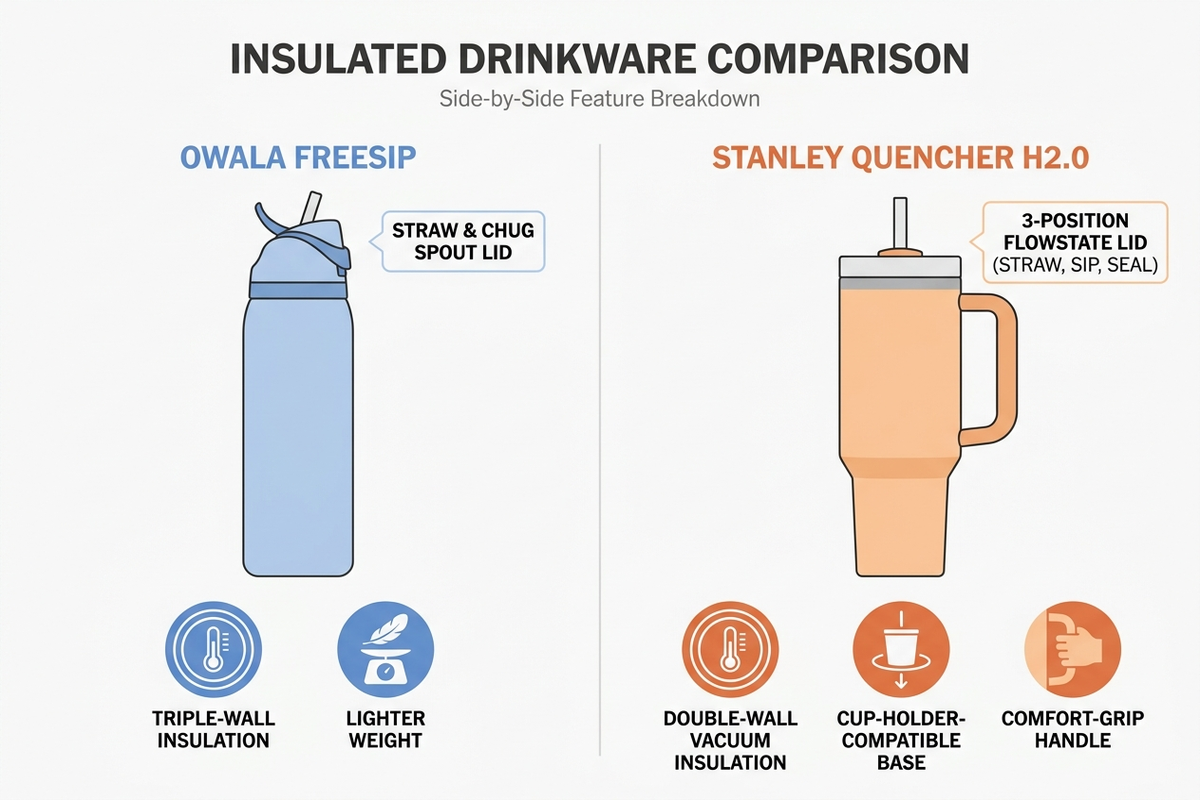 Flat infographic comparing the Owala FreeSip bottle with a straw-and-chug-spout lid and double-wall insulation against the Stanley Quencher H2.0 tumbler with a 3-position FlowState lid, cup-holder base, and comfort-grip handle