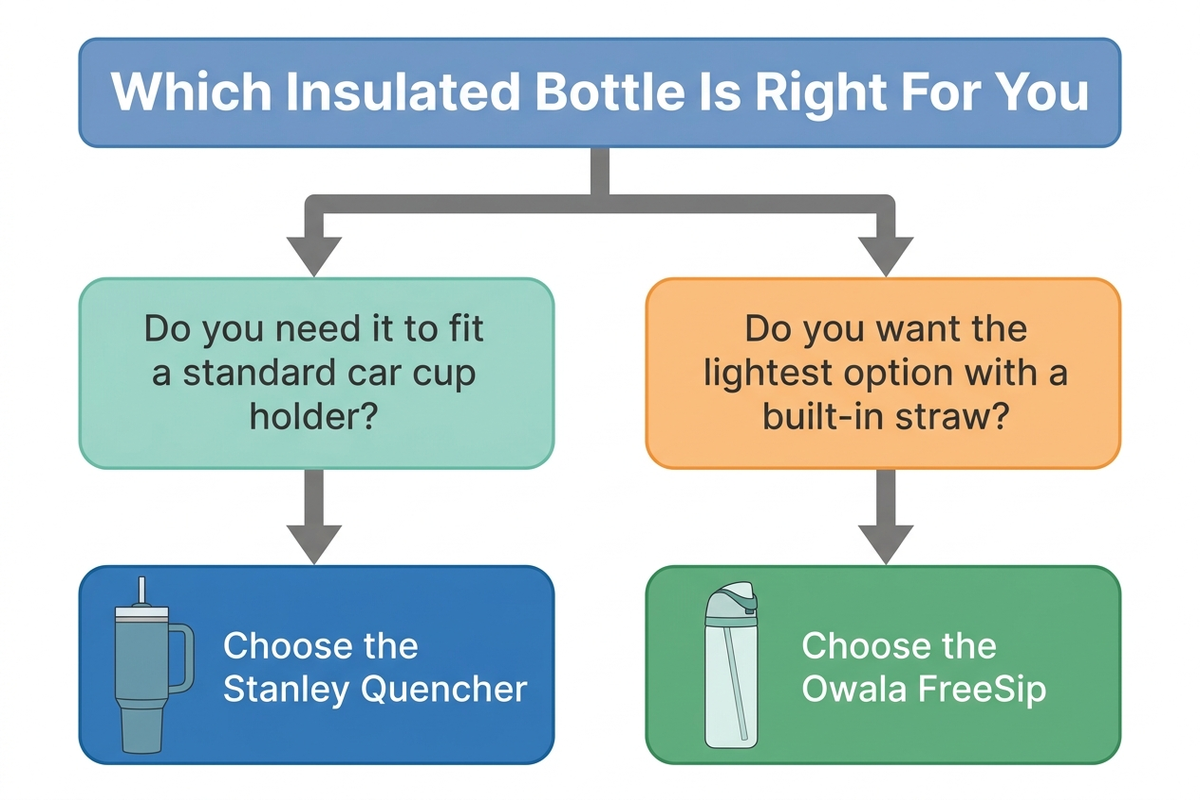 Flat decision flowchart titled Which Insulated Bottle Is Right For You, branching by whether the buyer needs a standard car cup holder fit or wants the lightest option with a built-in straw