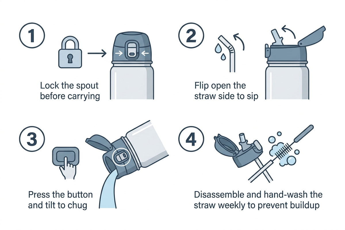 Flat infographic showing a 4-step guide to using an Owala-style insulated water bottle: lock the spout before carrying, flip open the straw side to sip, press the button and tilt to chug, and disassemble and hand-wash the straw weekly