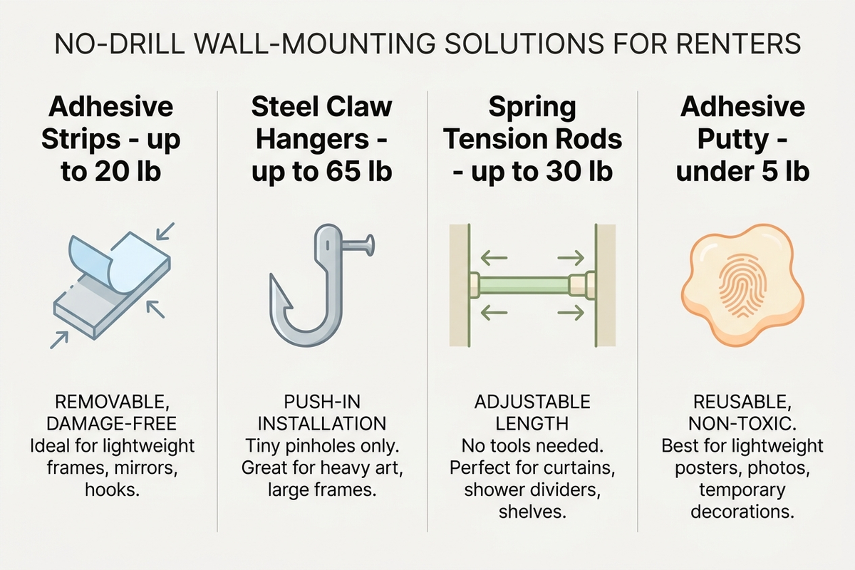 Infographic comparing four no-drill mounting technologies by weight capacity: adhesive strips up to 20 lb, steel claw drywall hangers up to 65 lb, spring tension rods up to 30 lb, and adhesive putty for lightweight items under 5 lb