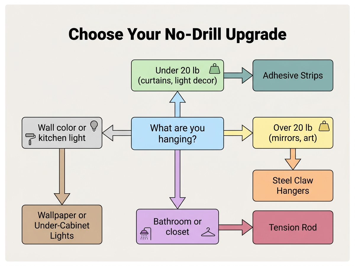 Decision flowchart titled Choose Your No-Drill Upgrade, starting with identifying the item you want to hang, then branching by weight: under 20 lb goes to Command strips, over 20 lb goes to 3M CLAW hangers, bathroom or closet space goes to tension rods, and wall color or kitchen lighting go to wallpaper or under-cabinet lights