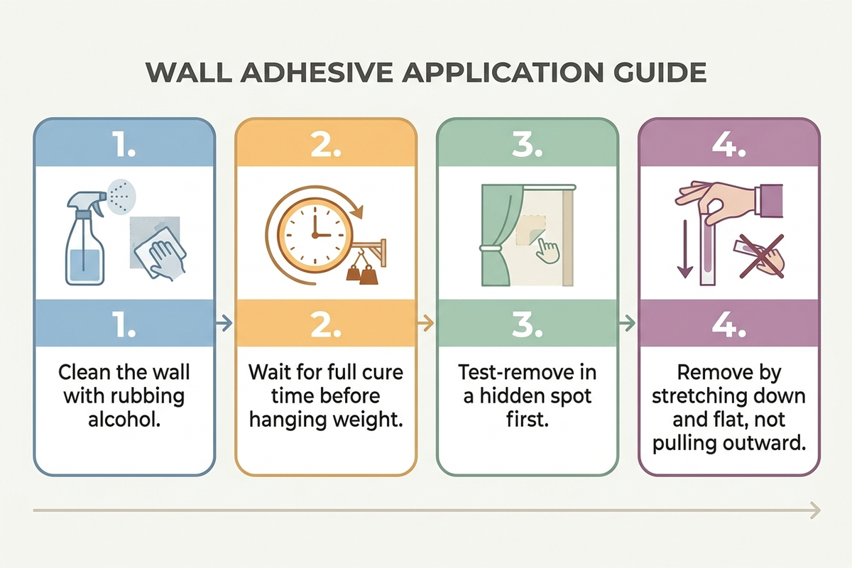 Infographic with a step-by-step how-to guide for no-drill installation: clean the wall surface with rubbing alcohol, wait for full cure time before hanging weight, test-remove in a hidden spot first, and remove strips by stretching down and flat rather than pulling outward