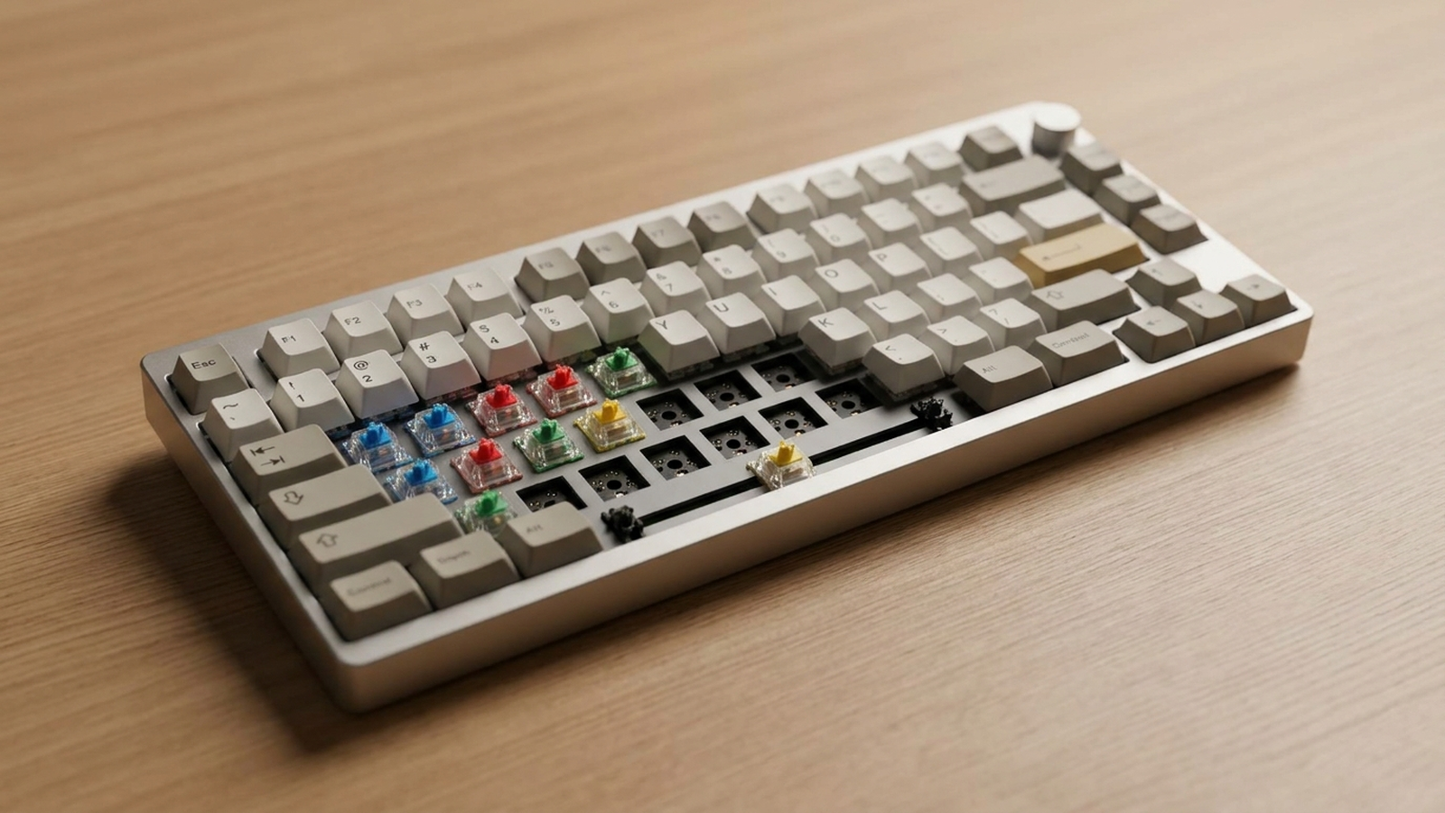 A hot-swappable mechanical keyboard with several keycaps removed, exposing the switches underneath, photographed on a desk with no people and no text overlay