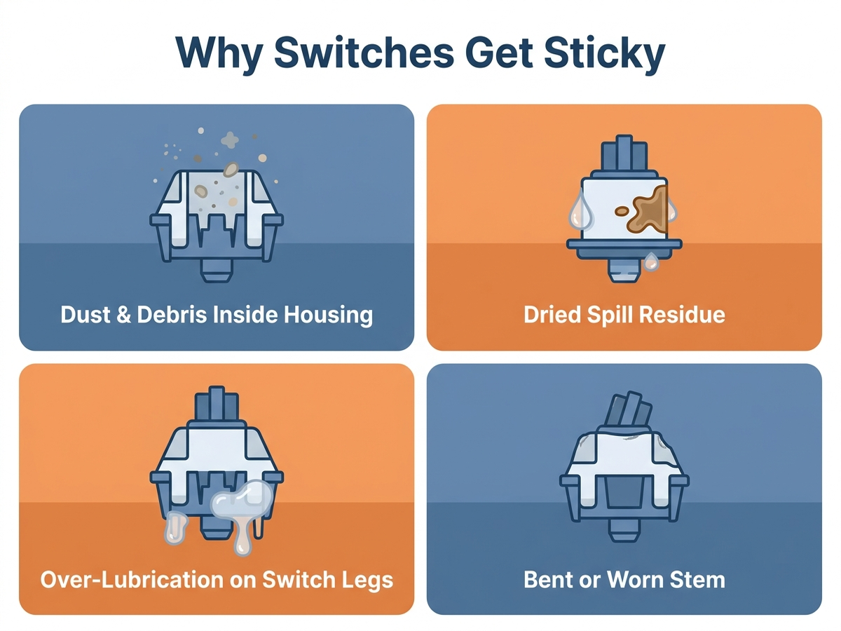 Flat-design infographic showing four causes of sticky mechanical keyboard switches: dust and debris inside the housing, spilled liquid residue, over-lubrication on the switch legs, and a bent or worn stem, each illustrated with a simple cutaway diagram