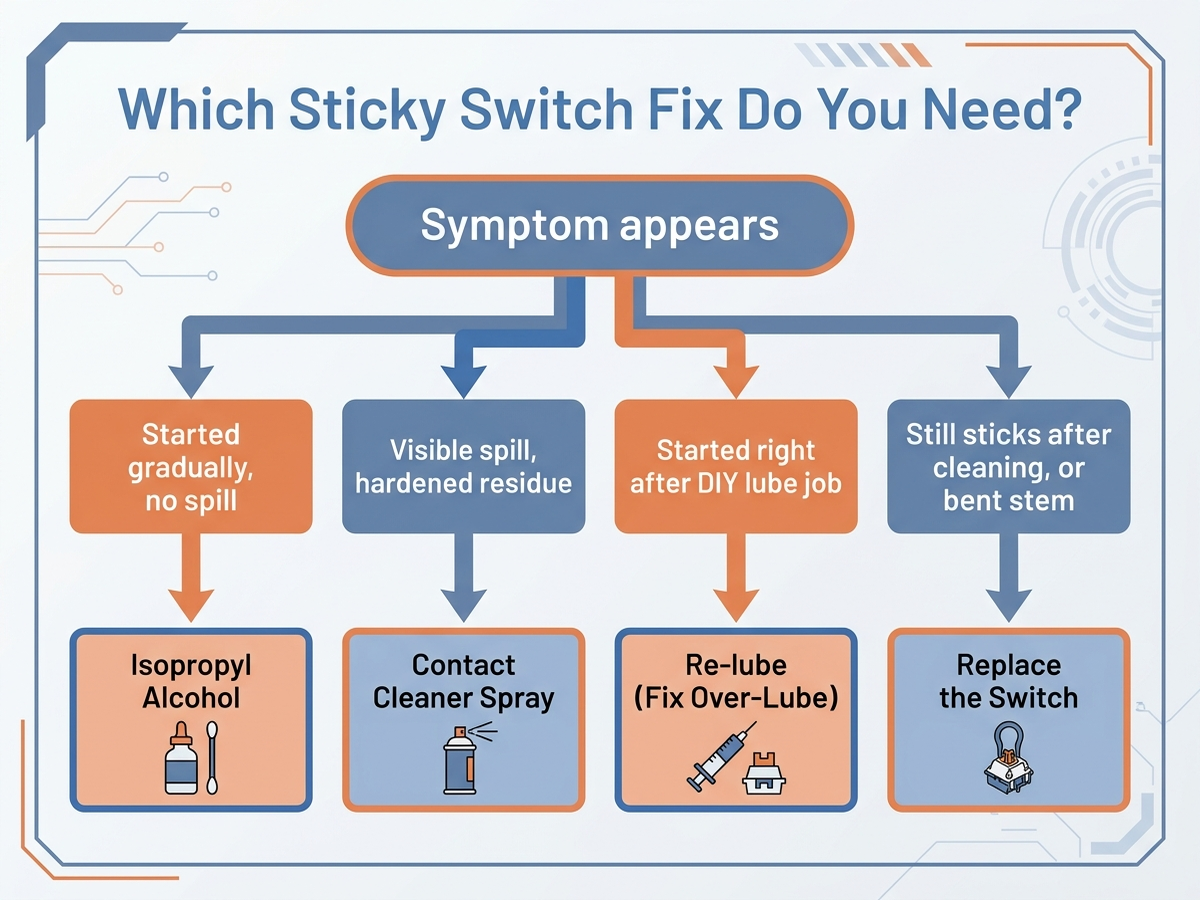 Decision flowchart titled Which Sticky Switch Fix Do You Need, branching from whether the problem started suddenly after use, right after a DIY lube job, or from a visible spill, leading to isopropyl alcohol, contact cleaner, re-lubing, or switch replacement