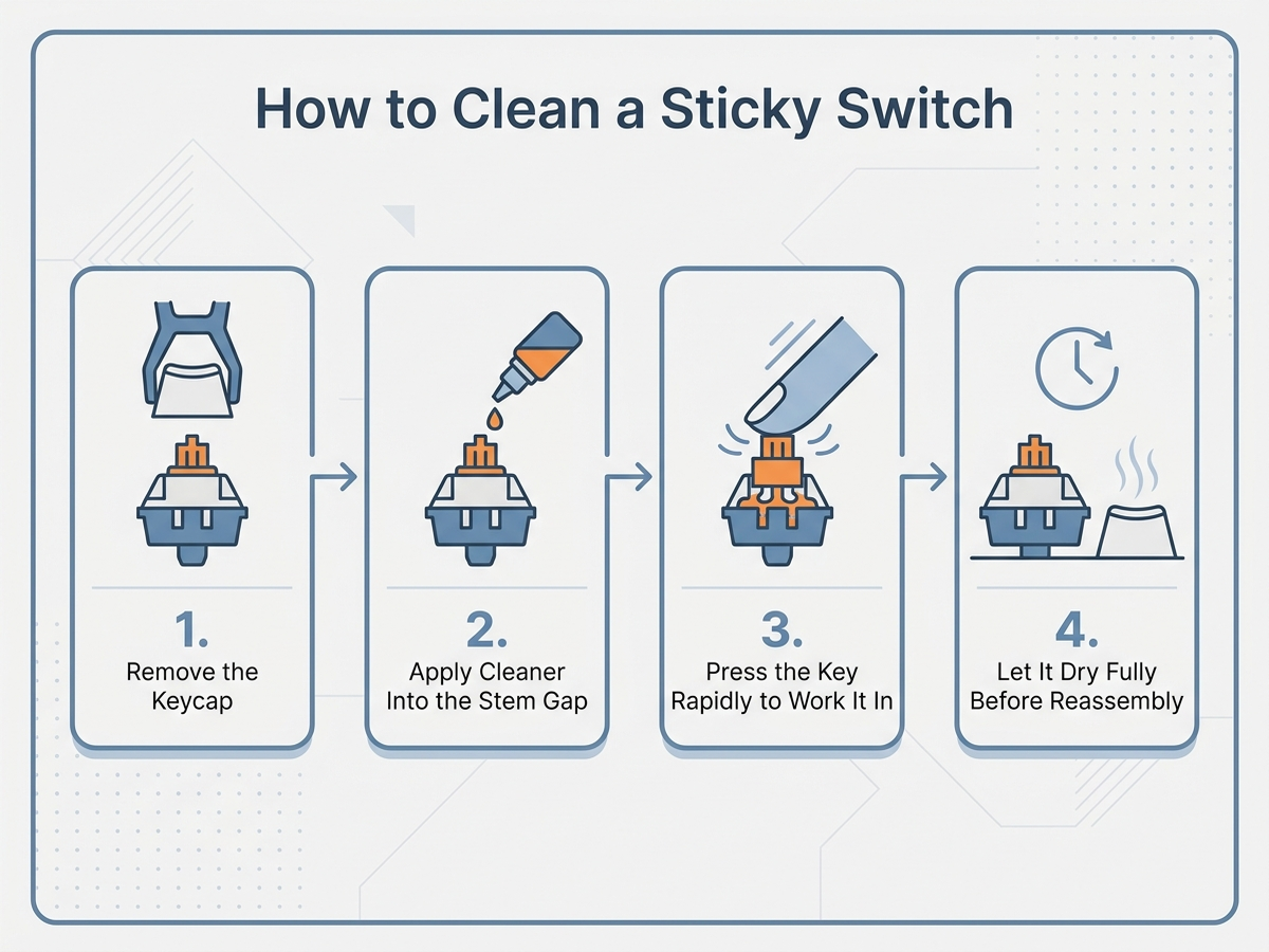 How-to infographic with four numbered steps for cleaning a sticky mechanical keyboard switch: remove the keycap, apply cleaner into the stem gap, press the key rapidly to work it in, and let it dry fully before reassembly, using a flat clean-line diagram style