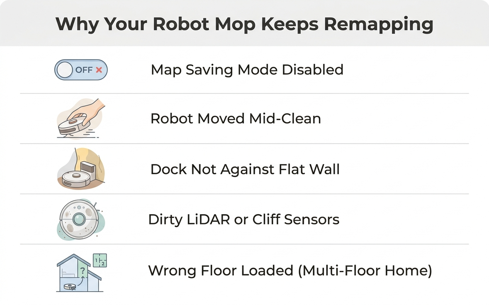 Flat infographic showing five causes of a robot mop remapping every run: Map Saving Mode disabled in the app, robot picked up or moved mid-clean, dock not against a flat wall with clear space, dirty LiDAR turret or cliff sensors, and two similar-looking floors in a multi-floor home confusing the saved map