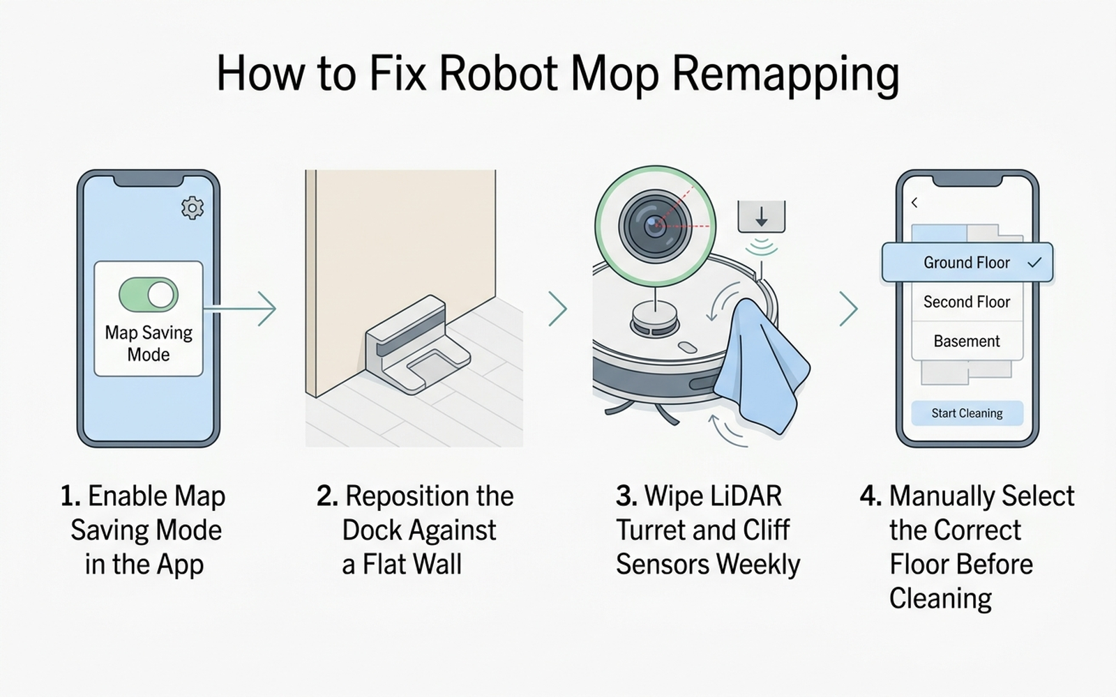 How-to diagram showing four maintenance steps for a robot mop that keeps remapping: enable Map Saving Mode in the app, reposition the dock against a flat wall with clear space, wipe the LiDAR turret and cliff sensors weekly, and manually select the correct floor before each multi-floor clean