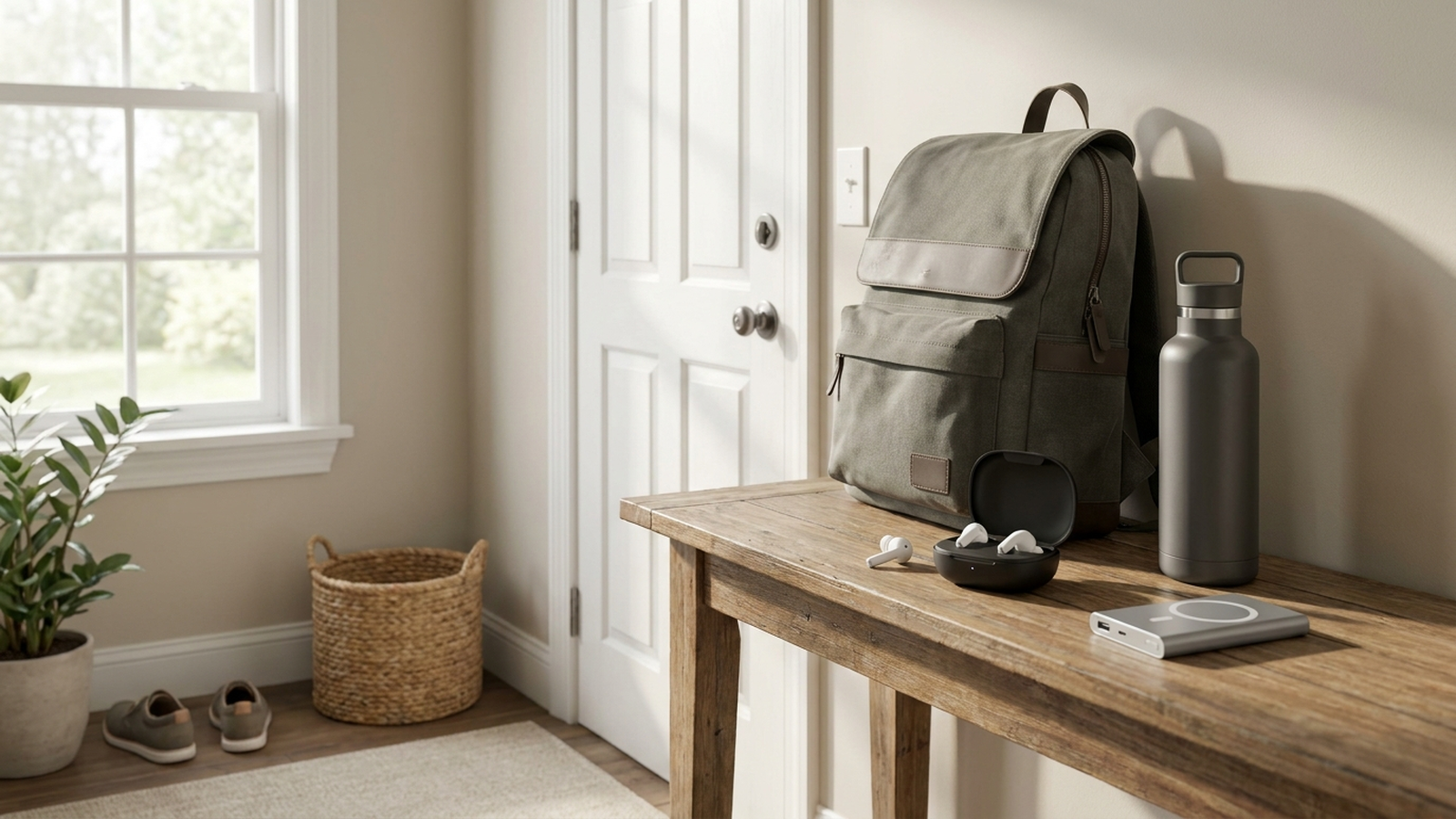 A commuter's tote bag, backpack, insulated tumbler, and wireless earbuds arranged on a hallway bench near a front door, ready for a morning commute