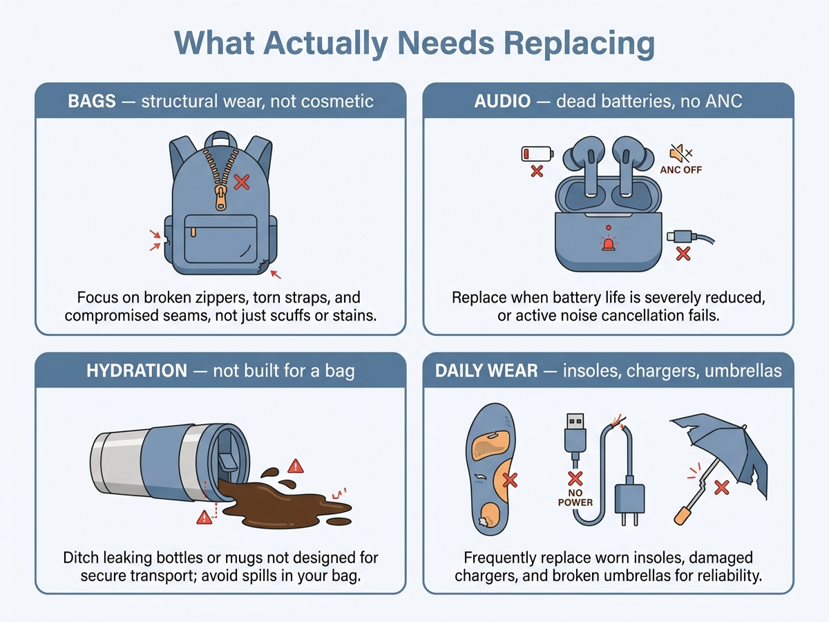 Infographic showing four categories of return-to-office commuter gear worth reassessing: bags with worn zippers or no laptop protection, audio gear with degraded battery or no active noise cancellation, hydration gear not designed for a bag, and daily wear-and-tear items like insoles and phone chargers