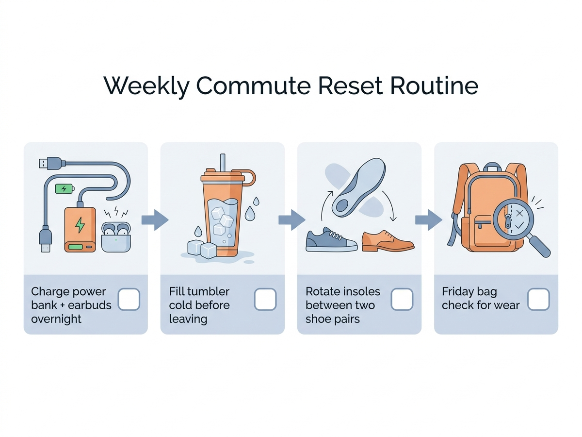 Infographic with a weekly routine for a return-to-office commute reset: charge the power bank and earbuds overnight, pack the tumbler filled before leaving, rotate insoles between two pairs of shoes, and do a Friday bag check for wear and forgotten items