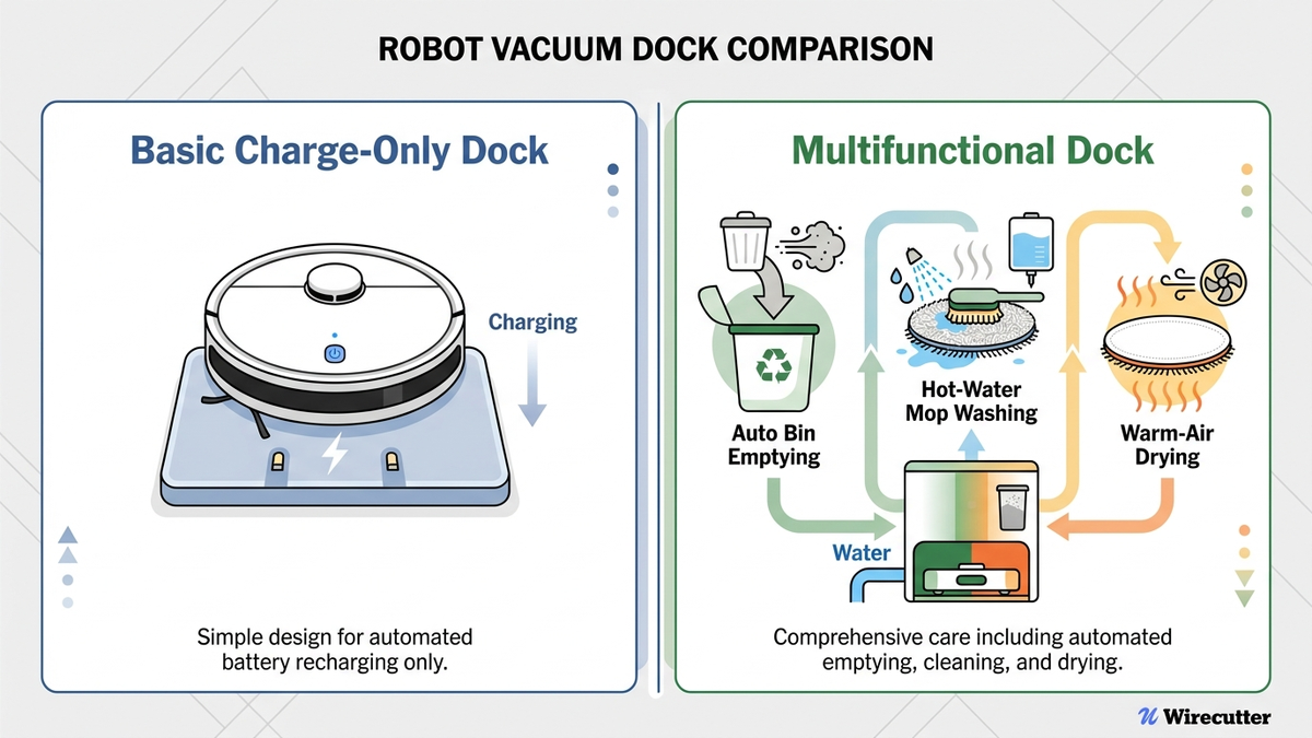 Flat infographic comparing a basic charge-only robot vacuum dock against a multifunctional dock that empties the bin, washes the mop, and dries it with warm air