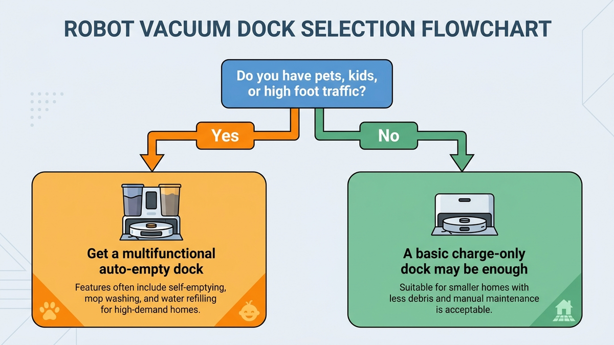 Flat decision-flowchart infographic asking whether a household has heavy pet hair or high foot traffic, branching to recommend a multifunctional auto-empty dock or a basic charge-only dock setup