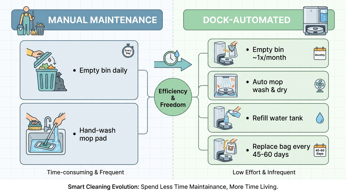 Flat infographic showing a before-and-after comparison of maintenance tasks: manual dustbin emptying and mop washing on the left, versus dock-automated bin emptying and mop washing with new dock-specific tasks (water tank refill, bag replacement) on the right