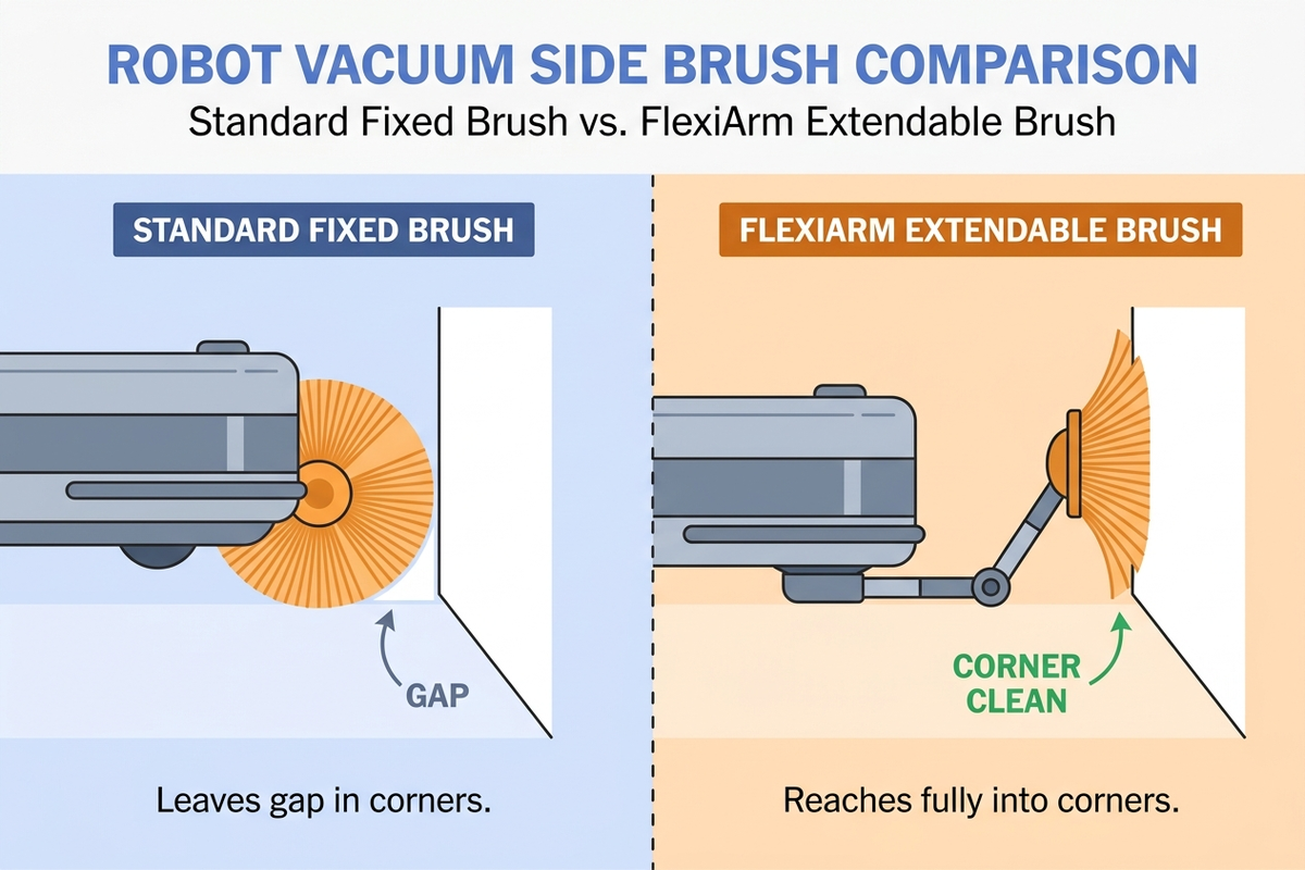 Flat infographic comparing a standard fixed circular side brush against Roborock's FlexiArm extendable side brush, showing the extended reach into a wall corner
