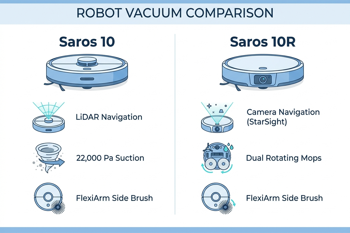 Flat comparison chart infographic contrasting the Roborock Saros 10 (LiDAR navigation, 22,000 Pa suction, FlexiArm side brush) against the Saros 10R (StarSight camera navigation, dual rotating mops, FlexiArm side brush)