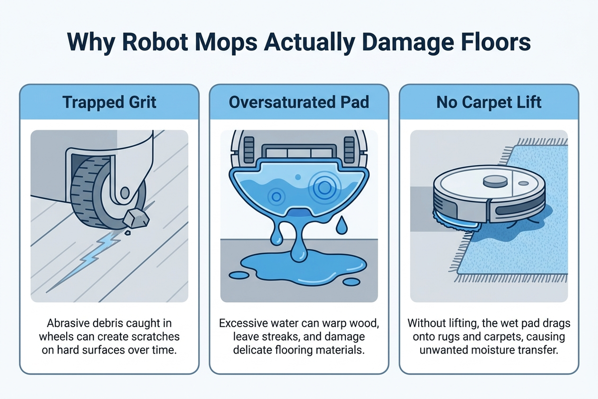 Infographic showing three causes of robot mop floor damage: trapped grit, oversaturated pad, and no carpet lift
