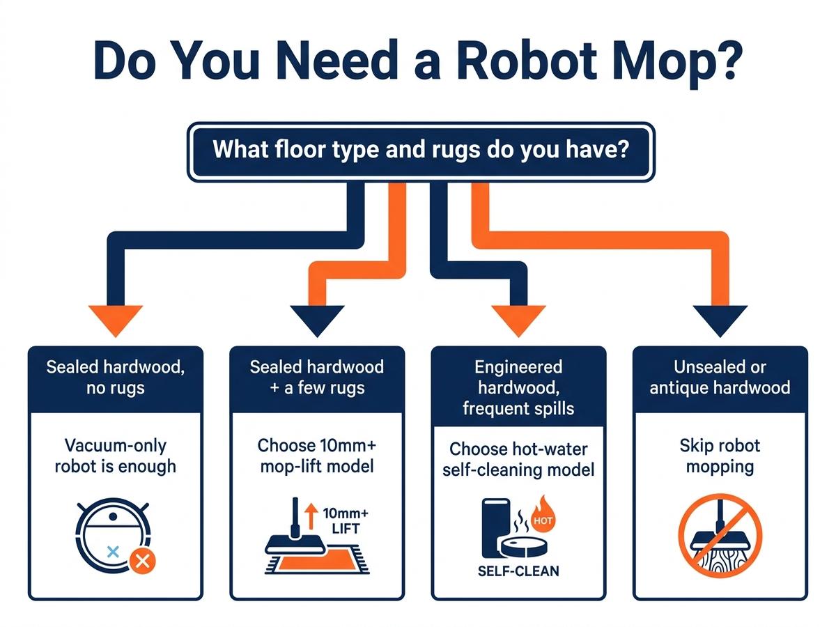 Flowchart for deciding whether you need a robot mop based on floor type and rugs