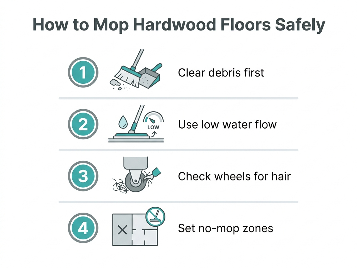 Four-step infographic on mopping hardwood floors safely: clear debris, use low water flow, check wheels for hair, set no-mop zones