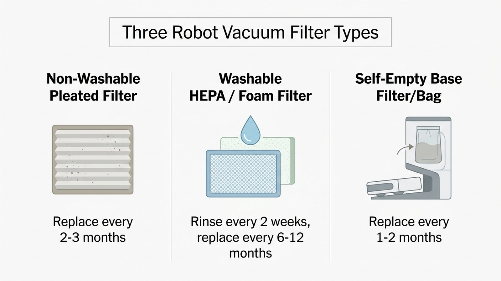 Infographic comparing three robot vacuum filter types: non-washable pleated paper filters needing replacement every 2 to 3 months, washable HEPA foam-and-mesh filters needing rinsing every 2 weeks and replacement every 6 to 12 months, and self-empty base filters needing bag or bin changes on a separate schedule